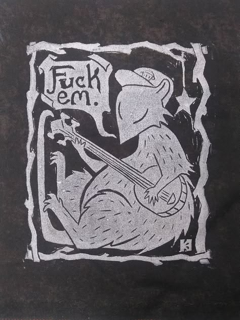 Folkpunk Possum With a Banjo Punk Patch w. Glow in the Dark - Etsy Folk Punk, Shadow Monster, Punk Patches, Cute Patches, Diy Patches, Rubber Mat, Linocut Prints, Banjo, Linocut