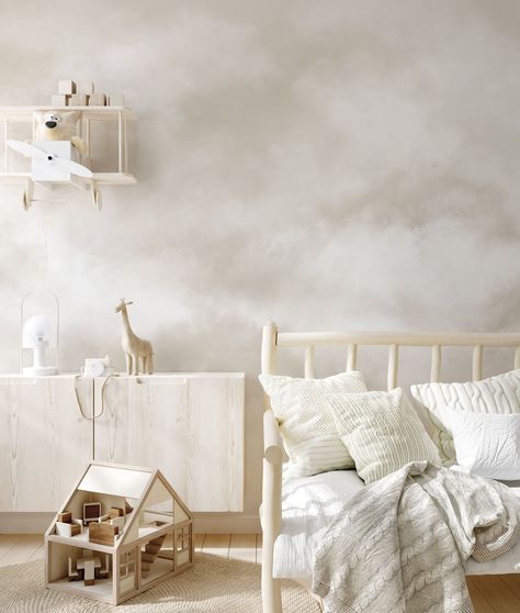 Nursery Decor Clouds Mural Nursery, Nursery Cloud Wallpaper, Limewash Nursery Wall, Nursery Ideas Clouds, Limewash Nursery, Cloud Wallpaper Nursery, Cloud Wallpaper Bedroom, Foggy Wallpaper, Beige Clouds