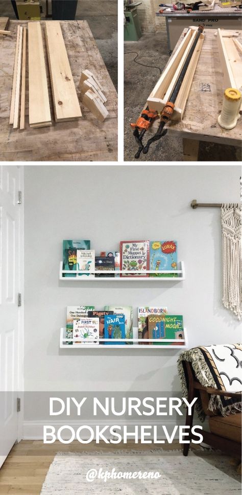 Hanging Nursery Bookshelves, Nursery Shelves Diy, Diy Nursery Shelves Bookshelves, Nursery Bookshelf Diy, Diy Wall Bookshelves Kids, Diy Nursery Bookshelf, Diy Floating Bookshelves, Diy Hanging Bookshelf, Floating Bookshelves Nursery