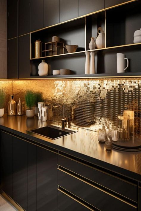 tiles in gold backsplash with dark cabinets and light countertops idea for kitchens Gold Tiles Kitchen, Gold Tile Backsplash, Backsplash Ideas For Dark Cabinets, Small Apartment Remodel, Kitchen With Backsplash, Gold Backsplash, Backsplash Ideas Dark Cabinets, Kitchen Palette, Dark Cabinets Light Countertops