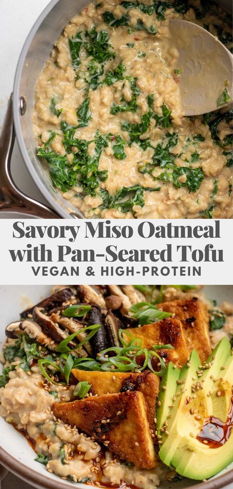 This vegan savory oatmeal is cooked in a umami rich miso broth and served with seasoned pan-seared tofu for extra protein. Easy to make and great for meal prep. Miso Oatmeal, Croissants Breakfast, Seared Tofu, Miso Broth, Breakfast Oats, Savory Oatmeal, Extra Protein, Vegan Brunch, High Protein Vegan