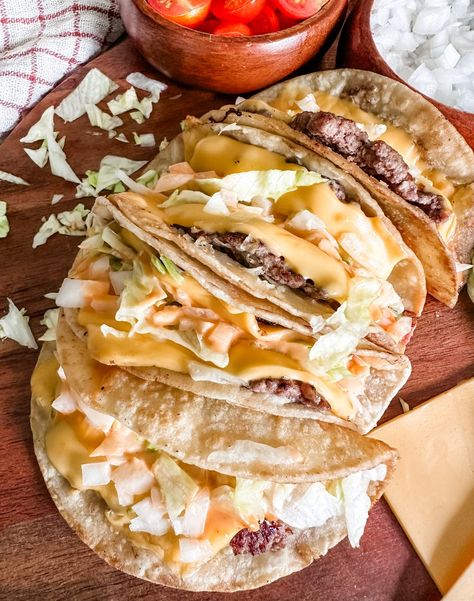 Smash Big Mac Tacos Smash Tacos, Big Mac Tacos, Mac Tacos, Pound Dropper, Crispy Beef, Crispy Tacos, Recipe Builder, Homemade Spaghetti Sauce, Burger Toppings