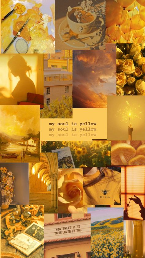 A collage with text in the centre that says ‘my soul is yellow’ 3 times in different shades of brown on a yellow background. The pictures in the pin are an assortment of things all in darker yellow shades overlapping randomly. Vibrant Yellow Aesthetic, Mustard Yellow Aesthetic, Slay Pictures, Sunshine Aesthetic, Yellow Core, Cabin 7, Teen Wallpaper, Sunflower Wallpaper, Rainbow Wallpaper