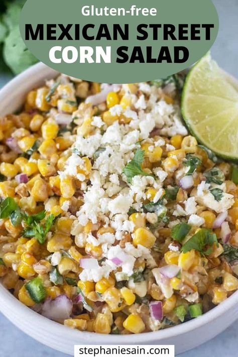 This Mexican Street Corn Salad is a great way to have mexican street corn in the form of a salad. Roasted corn all coated in a creamy sauce. #mexicanstreetcorn #salads #glutenfree #vegetarian Mexican Corn Side Dish, Mexican Street Corn Salad Recipe, Corn Off The Cob, Mexican Street Corn Dip, Street Corn Salad, Street Corn Recipe, Mexican Corn Salad, Corn Side Dish, Corn Pasta