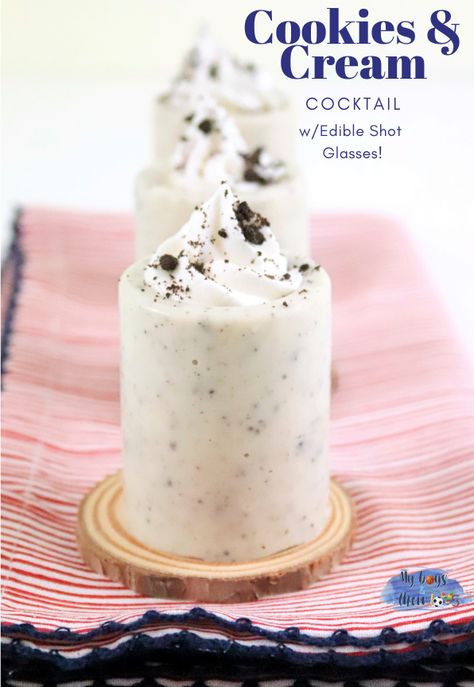 cookies and cream cocktail with edible shot glasses #recipe #shot #alcoholicbeverages #cocktails #drinkrecipes #cookiesandcream Shot Glass Desserts Recipes, Cocktail Cookies, Edible Shot Glasses, Shot Glass Mold, Shots Alcohol Recipes, Candy Shots, Shots Alcohol, Boozy Desserts, Chocolate Liqueur