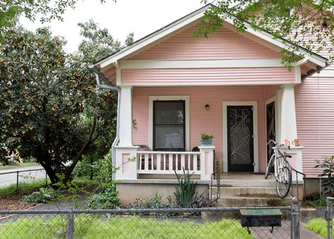 Pink Cottages, Pink House Exterior, West Elm Living Room, Window Restoration, California Bungalow, Bungalow Exterior, Bungalow Homes, Pink Cottage, Bungalow Style