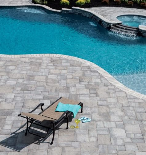 EP Henry pavers in Bristol Stone™ I and II, Ash Gray, Random Installation; Bullnose Pavers, Pewter Blend Pool Patio Pavers, New Patio Ideas, Pool Paving, Pool Decking, Deck Remodel, Pool Pavers, Patio Remodel, Patio Pavers Design, Pools Backyard Inground