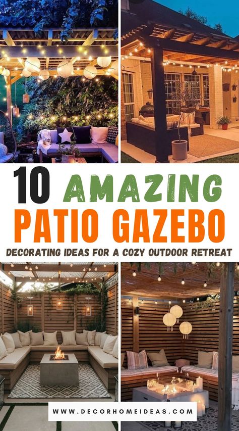 Transform your outdoor space with these 10 patio gazebo decorating ideas that create a stunning and cozy retreat. From string lights and plush seating to elegant drapes and greenery, discover how to enhance your gazebo for relaxation and entertaining. Get inspired to make your patio a stylish oasis. Home Gazebo Ideas, Backyard Gazebo Lighting Ideas, Rooftop Gazebo Ideas, Gazebo Styling Ideas, Outdoor Gazebo Decor, Deck Gazebo Decorating Ideas, Inside Gazebo Decorating Ideas, Small Gazebo Decorating Ideas, Gazebo Furniture Layout