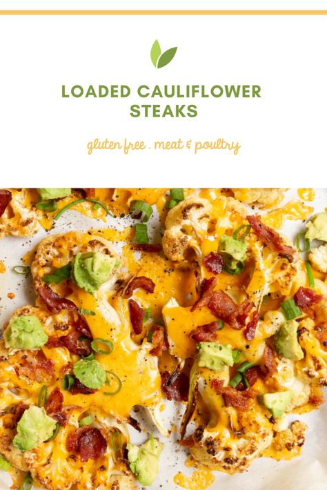 Inspiralized: Loaded Cauliflower Steaks Cauliflower Steak Recipes, Inspiralized Recipes, Cauliflower Steaks Recipes, Gluten Free Meat, Cauliflower Steak, Butternut Squash Lasagna, Bacon Cauliflower, Loaded Cauliflower, Baking With Almond Flour