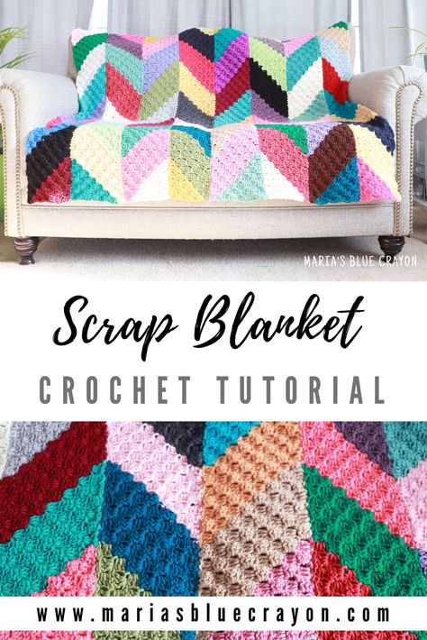 This colorful crochet scrap blanket is so cool, it doesn't even look 'scrappy'! Learn how to make your own using up your yarn stash and scraps. #crochet #scrap #blanket Strip Crochet Blanket Pattern, Crochet Scrap Blanket, Exfoliating Washcloth, Scrap Blanket, Crochet Graphgan, Scrap Crochet, Scrap Yarn Crochet, Blanket Tutorial, Blue Crayon