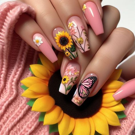 Sunflower Nails With Rhinestones, Sun Flower Nails Ideas, Sun Flowers Nails, Nails Sunflower Design, Butterfly And Flower Nails, Sunflower Nails Design, Garden Nail Art, Butterfly Nails Design, Sunflower Nail Designs