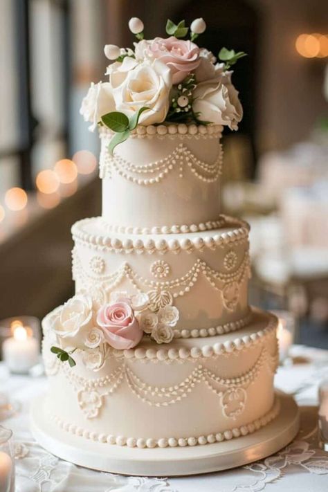 A Slice Of The Past: 17 Vintage Wedding Cakes For Modern Love Stories • Wedding Cakes Extravagant, Wedding Cake Dusty Rose, Dusty Rose Wedding Cake, Modern Victorian Wedding, Vintage Wedding Cakes, Victorian Wedding Cakes, Cake With Roses, Fondant Lace, Bridal Cake