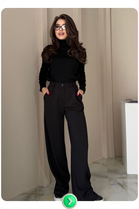 All-black wide-leg trousers add understated drama. Wide legs bring elegance, and the all-black palette gives this outfit a timeless, old money appeal. Old Money Outfits Black, Old Money Outfit Ideas, Timeless Wardrobe Essentials, Classy Old Money, Old Money Outfit, Refined Fashion, Money Outfit, Black Wide Leg Trousers, Rich Girl Aesthetic