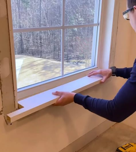 Window Finishing Trim, How To Fix Window Sill, Casement Window Trim Ideas Interior, Trim For Windows Interiors, Farm Style Window Trim, Trimming A Window, Adding Window Sills, Interior Window Sill Ideas, How To Make A Window Sill