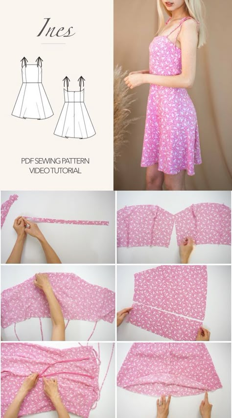 Ines Dress Tutorial | DIY TIe Shoulder Strap Mini Dress Spaghetti Strap Dress Pattern, Strap Dress Pattern, Summer Dress Patterns Free, Diy Dress Pattern, Sewing Summer Dresses, Summer Dresses Diy, Summer Dress Sewing Patterns, Dress Sewing Patterns Free, Simple Dress Pattern