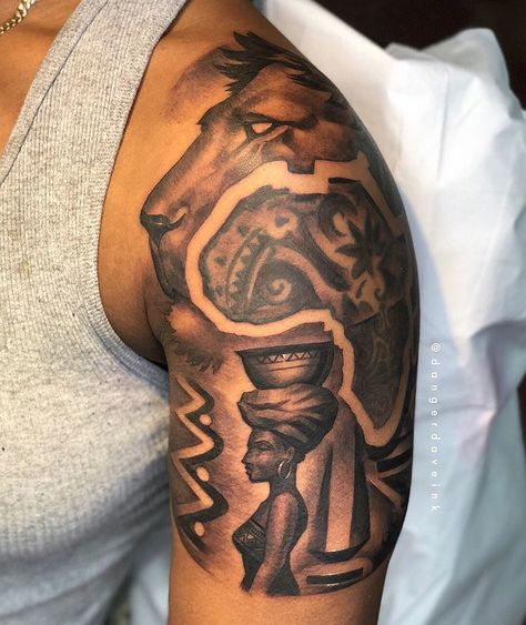 Some stories are told on paper and some sound and look better told on skin @nigerian_leo #africantattoos #nigeria #nigerian… Blm Tattoos, African Warrior Tattoos, African Sleeve Tattoo, Black People Tattoos, Dark Skin Tattoo, Black Men Tattoos, African Warrior, Africa Tattoos, Egyptian Tattoo Sleeve