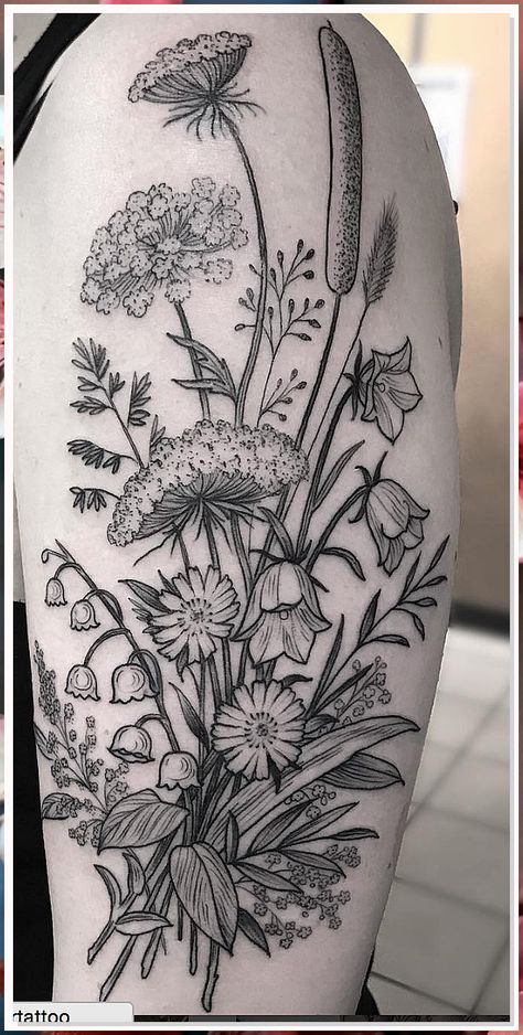 Looking for inspiration for your next tattoo? Check out these stunning garden tattoo sleeve ideas for nature lovers! From delicate flowers to intricate vines, these designs will bring a touch of the outdoors to your body art. Whether you're a fan of roses, daisies, or sunflowers, there's a garden tattoo sleeve design for everyone. Explore these beautiful and detailed tattoos to find the perfect design for you. Botanical Garden Tattoo, Black And Gray Nature Tattoos, Dry Flower Tattoo, Tattoo Sleeve Filler Ideas Backgrounds For Women, Wetland Tattoo, How To Build A Sleeve Tattoo, Nature Leg Tattoos Women, Wildflowers Tattoo Design, Botanical Tattoo Sleeve Delicate