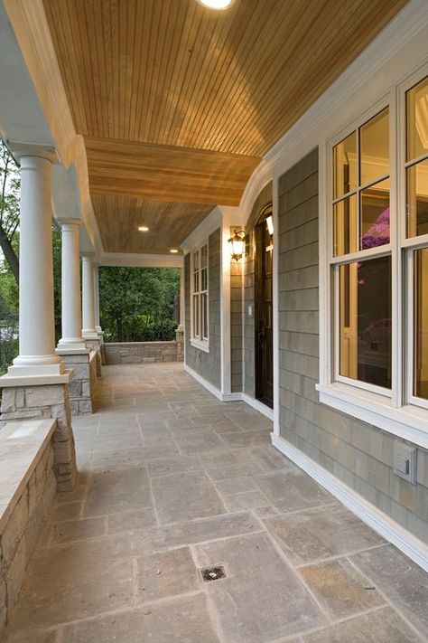 Stone Front Porch Ideas, Stone Front Porch, Front Porch Stone, Traditional Porch, Porch Tile, Porch Ceiling, Building A Porch, Front Porch Design, Side Porch