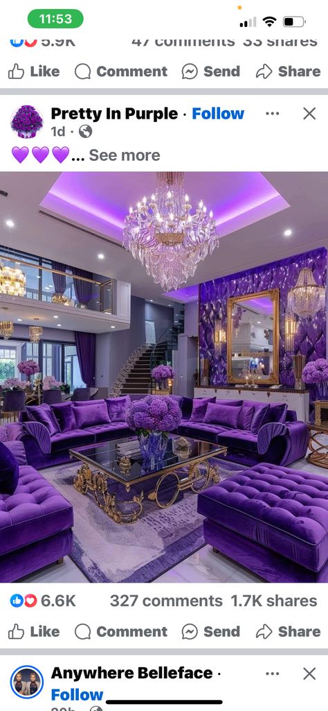 Purple Room Luxury, Mansion Purple, Purple Couch Aesthetic, Fabulous Living Room Decor, Purple Throne Loveseat, Living Room Decor, Room Decor, Living Room, House Design