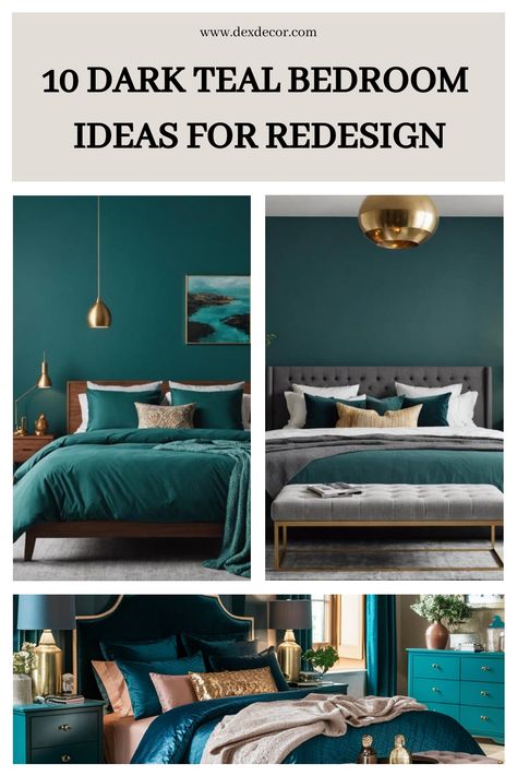 10 dark teal bedroom redesign ideas including plush bedding, accent pillows, and gold decor elements. Teal And Silver Bedroom Ideas, Teal Bedroom Walls Colour Schemes, Dark Teal And Copper Bedroom, Teal And Gold Bedroom Decor, Dark Teal And Grey Bedroom, Paint Drenching Bedroom, Bedroom Inspirations Teal And Grey, Dark Teal Bedroom Accessories, Teal And Gold Bedroom Ideas