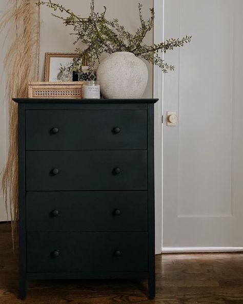 Lianne Carey on Instagram: "I spent the last week giving our bedroom a makeover while my husband was away for work. One of the key parts of making the new layout work was giving up my grandparents furniture we’ve been using for the last decade. I found this raw wood dresser and the dimensions were perfect for this small wall. Check stories to see what it looked like before! #primarybedroom #dressermakeover #diydecor #bedroomfurniture" Raw Wood Dresser, Black Dresser Decor, Black Dresser Bedroom, Tall Dresser Decor, Clean Candles, Dresser Decor Bedroom, Black Painted Furniture, Magic Candle, Aesthetic Candle