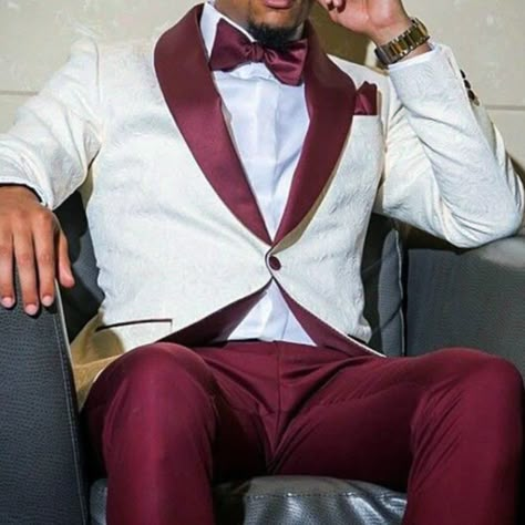 Slim Fit White And Burgundy Paisley Suit. Burgundy Pants. 1 Button Closure With Shawl Lapel. Coat And Pant. Slim Fit Tuxedo Wedding, Ivory Tuxedo, Men Suits Wedding, Suit Prom, Mens 3 Piece Suits, Prom Suits For Men, Suit Stores, Business Jacket, Custom Made Suits