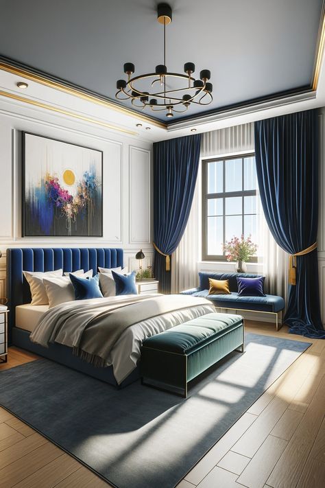 Navy Velvet Curtains Bedroom, Navy Bedroom Curtains, Bedroom With Navy Curtains, Navy Blue Curtains Bedroom Ideas, Royal Blue Curtains Bedroom, Bedroom With Blue Curtains, Curtains For Dark Blue Walls, Navy Blue Curtains Bedroom, Blue Velvet Curtains Living Room