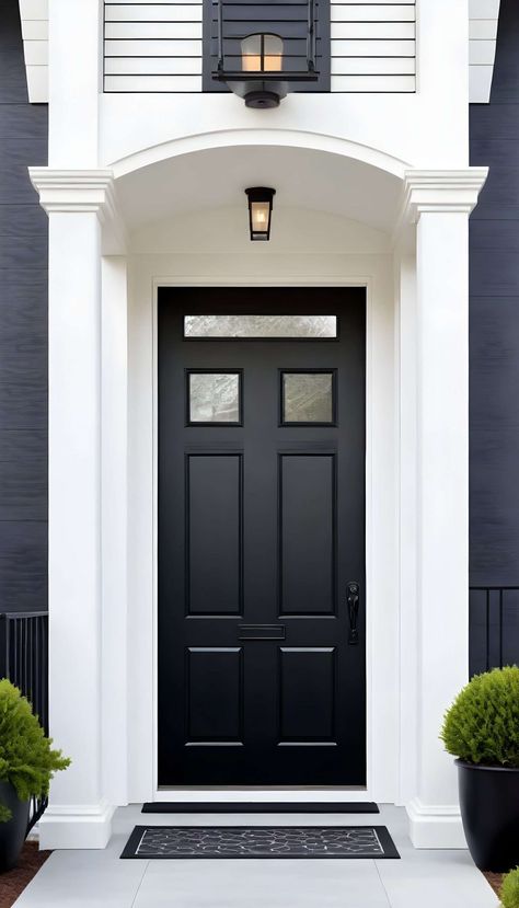 Timeless-Sophistication-with-a-Monochromatic-Theme--Wield-the-power-of-understated-elegance-with-a-monochromatic-front-entryway--From-the-siding-and-front-door-to-the-trim-and-light-fixtures--stick-to (1) Front Doors Colonial House, Home Doors Front Entrance, Front Door Ideas Modern, Front Entryway Ideas Exterior, Front Door Ideas Entrance, Creative Front Door, Colonial Front Door, Groovy House, Entrance Inspiration