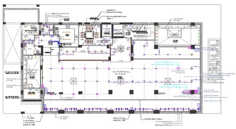 the AutoCAD drawing of corporation building floor plan that shows cut out for basement above, staircase, lift, offices, kitchen and multipurpose hall includes ceiling-mounted projectors and sound equipment with a column layout plan design. download commercial multipurpose hall design DWG file. Modern Multipurpose Hall Design, Wedding Hall Design Architecture, Multipurpose Hall Plan Layout, Multipurpose Hall Design, Layout Plan Design, Corporation Building, Building Floor Plan, Auditorium Plan, Architectural Thesis