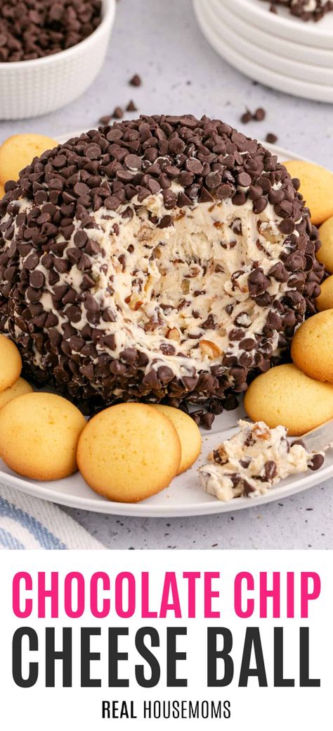 Chocolate Chip Cheese Ball is a sweet dip full of chocolate and rich cheesecake flavors that is perfect for entertaining guests of all ages! #Realhousemoms #chocolatechip #cheeseball #cheesecake #sugar #vanillaextract #appetizer #dessert #valentines #mothersday #gameday #sundayfunday Chocolate Cheese Ball Recipe, Nutella Overnight Oats, Chocolate Cheese Ball, Chocolate Chip Cheese Ball, Breakfast Jars, Cheesecake Flavors, Dessert Cheese Ball, Sweet Dip, Chocolate Chip Dip