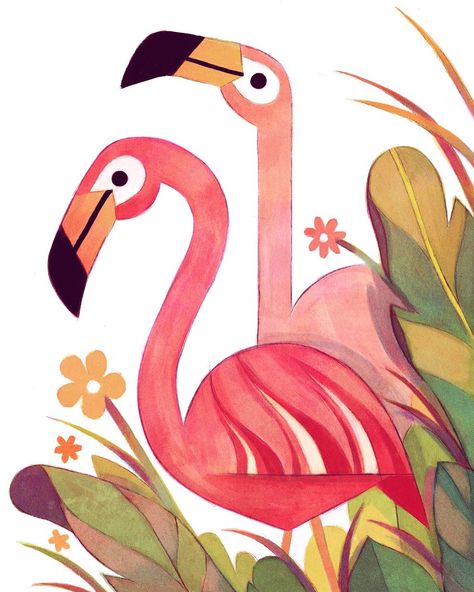 Flamingos on Behance Flamingo Illustration, Flamingo Painting, Flamingo Art, Illustration Painting, Tropical Art, Bird Drawings, Bird Illustration, 로고 디자인, Art Plastique