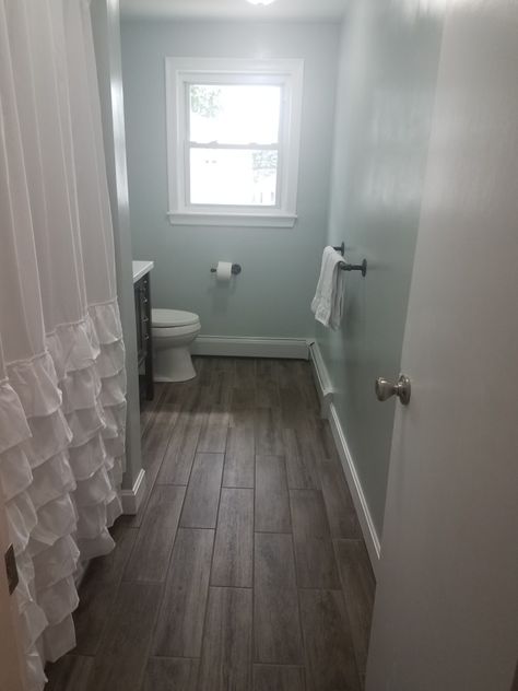 Valspar Sea Salt Blue bathroom Valspar Sea Salt Blue, Bathroom Paint Colors Valspar, Sea Salt Bathroom, Full Bathroom Renovation, Paint Colors Valspar, Neutral Bathroom Tile, Bathroom Design Wood, Bathroom Wallpaper Modern, Sea Salt Blue