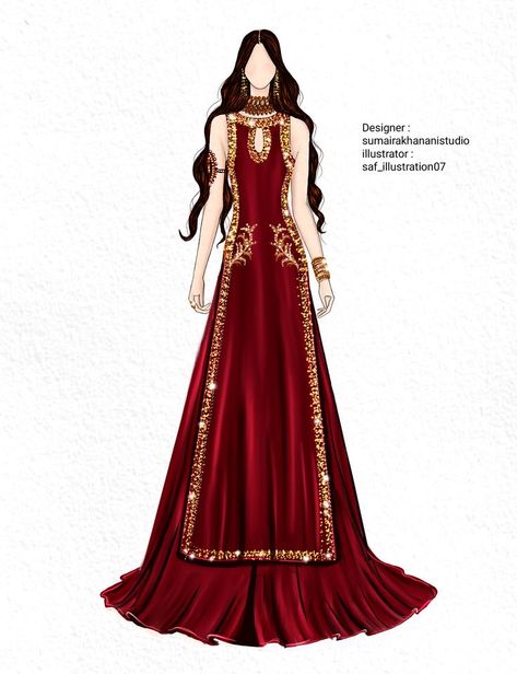 Pakistani Fashion Illustration, Fashion Illustration Unique, Traditional Dresses Illustration, Fashion Design Collection Illustration, Traditional Wear Illustration, Indian Wear Illustration, Dress Drawing Ideas, Dress Illustration Design, Illustration Dress