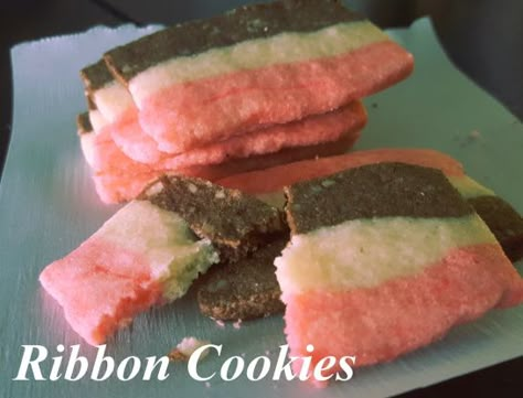 This recipe has been a Christmas tradition in my house for as long as I can remember.  Im not sure where it originally came from, I can only remember a tattered old page torn out of a magazine or cookbook that we would fish out of our recipe drawer every year when we got ready to make them.  These are tri-color cookies with a fantastic buttery flavor.  Ive seen other variations using cherries and melted chocolate, but this is the version I grew up with, so I use this one. I dont have the origina Ribbon Cookies, Old Page, Favorite Holiday Desserts, Gluten Free Christmas, Christmas Tradition, Red Food Coloring, Melted Chocolate, Red Food, Banana Recipes