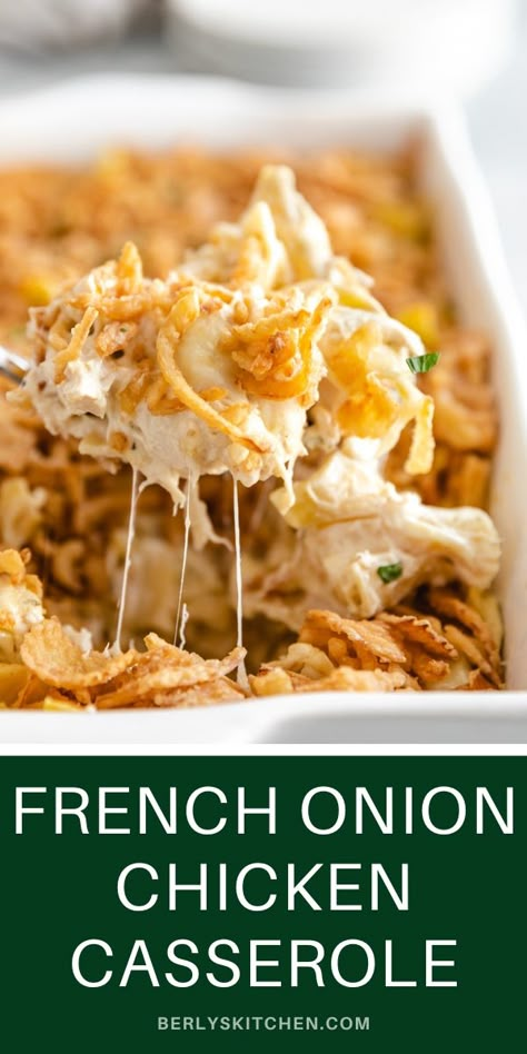 Scoop of french onion chicken casserole on a spoon. Quick Winter Dinner Recipes, French Onion Chicken Casserole, Onion Chicken Casserole, Homestyle Meals, Casserole Mexican, Chicken Celery, Comforting Casseroles, Casserole Dinners, Crispy Fried Onions