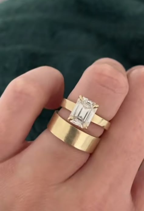 Thick Band Engagement Ring, Engagement Vibes, Emerald Cut Solitaire Engagement Ring, Engagement Ring Cut, Romantic Connection, Wide Band Engagement Ring, Wedding Stack, Thick Gold Band, Wedding Retro