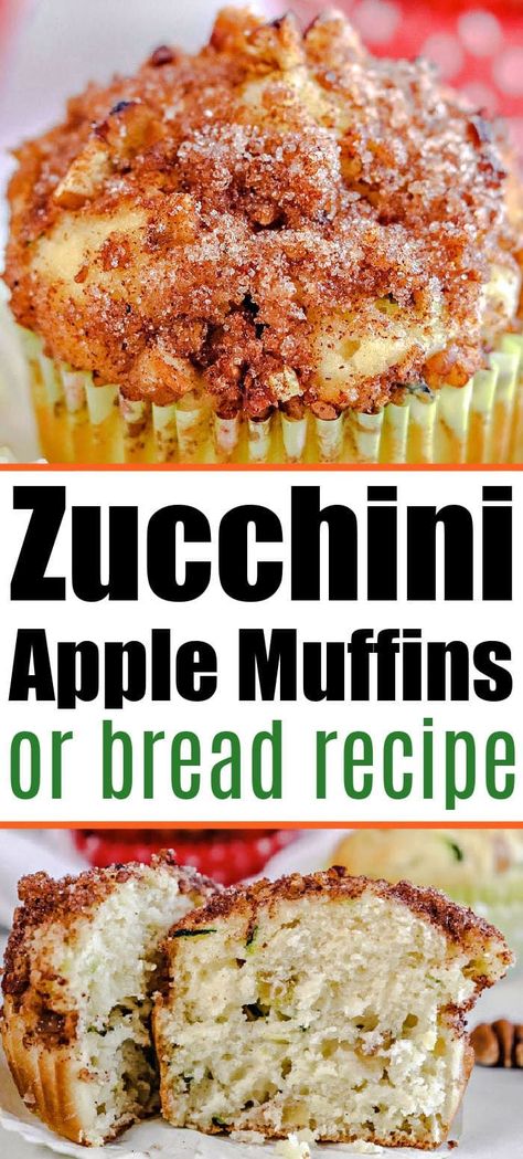 Homemade apple zucchini muffins or bread is a great mix with fresh fruit and vegetables inside. A sweet baked good for breakfast or dessert. Zucchini Recipes Dessert Muffins, Zucchini Coffee Cake Muffins, Zucchini Recipes Baked Goods, Apple Zucchini Recipes, Zuchini Baking Recipes Easy, Apple Zucchini Bread Recipes, Carrot Cake Zucchini Muffins, Zucchini Baked Goods, Zucchini Apple Muffins