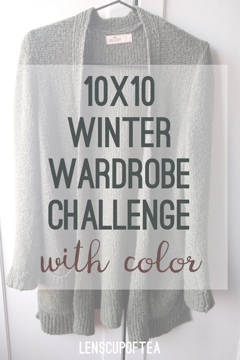 A green cardigan in the background with text saying "10x10 winter wardrobe challenge with color" 10x10 Wardrobe Challenge, 10x10 Capsule Wardrobe, Small Capsule Wardrobe, 10x10 Challenge, 10 Item Wardrobe, Winter Capsule Wardrobe, Minimalist Wardrobe, Different Outfits, Winter Colors