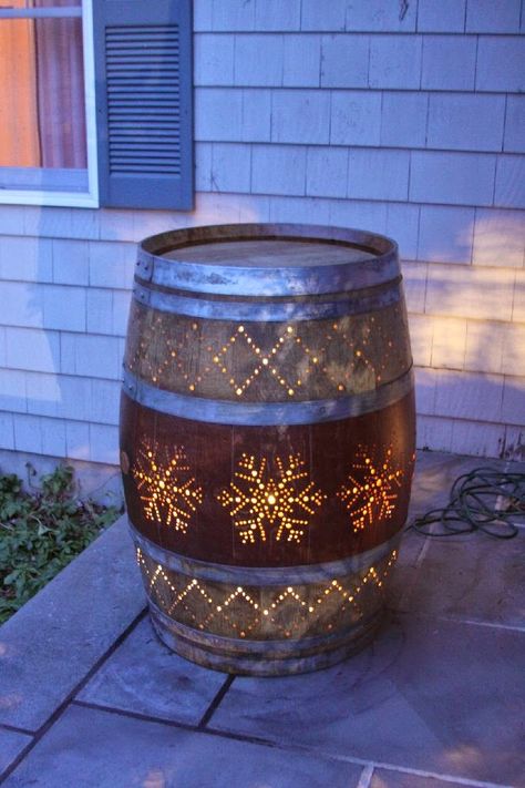 Rustic Outdoor Patio, Wine Barrel Lighting, Wine Barrel Diy, Whiskey Barrel Decor, Backyard Lighting Diy, Wine Barrel Art, Whiskey Barrel Ideas, Wine Barrel Crafts, Wine Barrel Planter