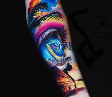 Colorful Arm Tattoos, Colored Eye Tattoo, Color Eye Tattoo, Colorful Eye Tattoo, Colored Evil Eye Tattoo, Eye Galaxy Tattoo, Noel Tattoo, Bright Tattoos For Women, Bae Tattoo