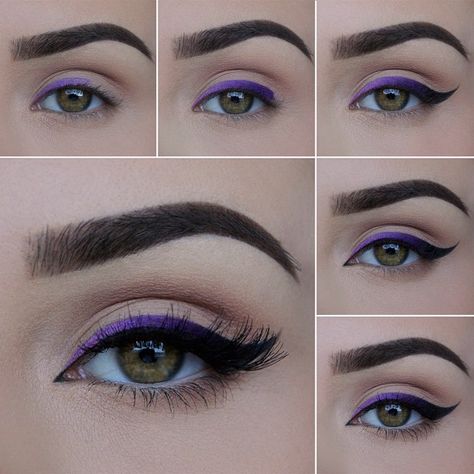 💜 Ombre eyeliner 💜 Used: Purple eyeshadows from @bhcosmetics 120 color palette, @inglot_cosmetics Duraline, @anastasiabeverlyhills Waterproof Creme Color in Jet, @ardell_lashes in Demi Wispies || Brows are @anastasiabeverlyhills Dipbrow in Dark Brown, @thebalm_cosmetics Brow Pow powder in Dark Brown #makeup#tutorial#wakeupandmakeup#anastasiabrows#norwina#anastasiabeverlyhills#vegas_nay#dressyourface#mayamiamakeup#hudabeauty#makeupartistsworldwide Eyeliner Cat, Tutorial Eyeliner, Purple Eyeliner, Eyeliner Tips, Eyeliner Designs, Eyeliner Hacks, Smokey Eyeliner, Purple Eye Makeup, Makeup Tutorial Eyeliner