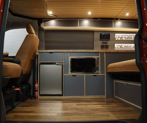 Rock And Roll Bed, Lower Cabinets, U Shaped Couch, Campervan Conversion, Classic Volkswagen, Campervan Interior, Vw T6, Bed With Slide, Large Cabinet