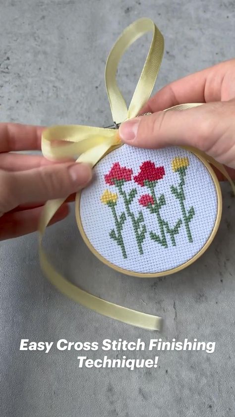 Easy Cross Stitch Finishing Technique! | Cross stitch, Simple cross stitch, Cross stitch flowers . #Cross_Stitch #Cross_Stitch_Hoop #Finished_Cross_Stitch #Easy_Cross_Stitch Cross Stitch With Buttons, Hanging Cross Stitch, Cross Stitch Items To Sell, Diy Cross Stitch Christmas Ornaments, 20x20 Cross Stitch Pattern, Cross Stitch On Fabric, Finish Cross Stitch Hoop, Cross Stitch Nature Pattern, Crossstich Pattern Flowers Free