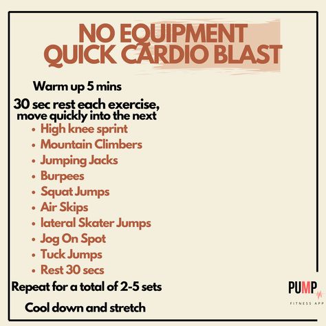 Try this no equipment, at-home cardio routine! Indoor Cardio No Equipment, Cardio No Equipment, Indoor Cardio, Tuck Jumps, Cardio At Home, Cardio Routine, Jump Squats, Jumping Jacks, Burpees