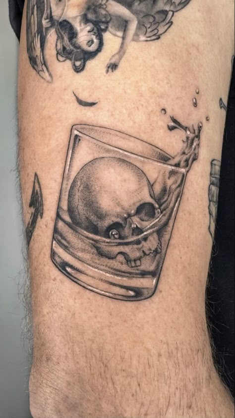 Whiskey Cup Tattoo, Skull Whiskey Tattoo, Mixology Tattoo Design, Bourbon Glass Tattoo, Mens Sticker Tattoo, Rocks Glass Tattoo, Old Fashioned Drink Tattoo, Shot Glass Tattoo Ideas, Glass Of Water Tattoo