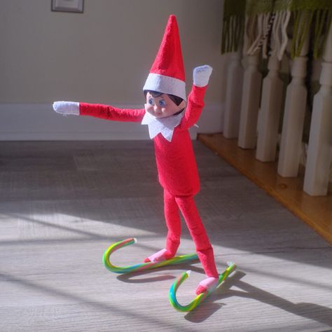 Elf On Shelf Cheerleader, Girl Elf Ideas, Bluey Themed Elf On The Shelf, Elf Ideas With Candy Canes, Elf On The Shelf Cotton Candy, Elf On The Shelf Skiing, Elf Easy Ideas, Elf On The Shelf Candy Cane Ideas, Elf Skiing