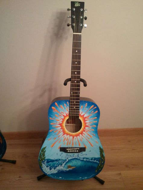 Guitar Paintings, Painted Instruments, Guitar Painted, Guitar Art Painting, Painted Guitars, Guitar Painting, Cosmic Consciousness, Guitar Art, Surfs Up