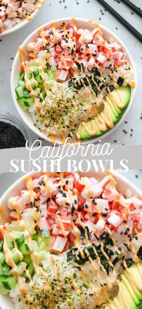 Resep Sushi, California Roll Sushi, Sushi Bowl Recipe, Sushi Bowls, Sushi Recipes Homemade, Roll Sushi, Healthy Bowls Recipes, Resep Salad, California Roll