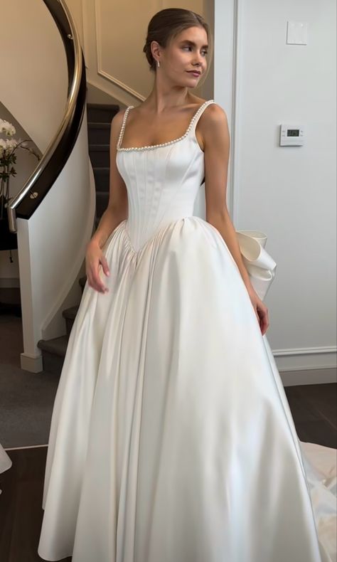 Simple White Bridal Dress, Satin Ballroom Wedding Dress, Sweetheart Aline Wedding Dress Satin, Ruffle Strap Wedding Dress, Corset Wedding Dress Aesthetic, Pride And Prejudice Style Wedding Dress, Silk Slip Dress Wedding, Silk Sleeve Wedding Dress, Simple Puffy Wedding Dress