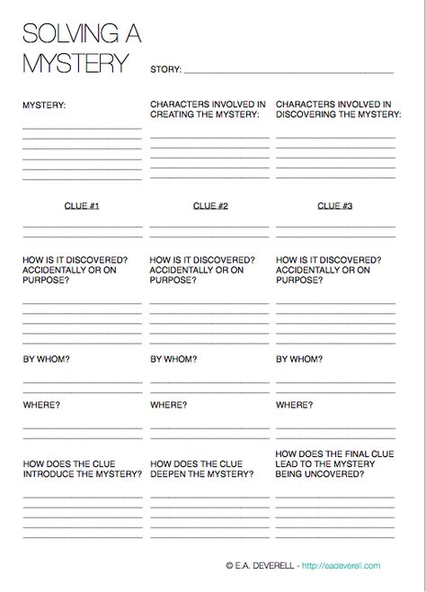 Writing Worksheet – Solving a Mystery (PDF) You can use this worksheet to: Brainstorm solutions to a mystery that your story/character/life has graced you with. Work backwards from clues that interest you to develop a mystery. Draw up an overview of your mystery so that you can be sure that all your clues aren’t discovered… Story Development Worksheet, Mystery Story Outline, Plot Development Worksheet, Highschool Story Ideas, Mystery Book Ideas, Mystery Story Prompts, Mystery Drawing, Mystery Writing, Mystery School